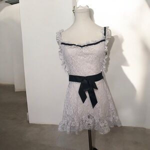 Elegant Lace mini slip Dress with Black Ribbon coquette goth fairy cottage XL